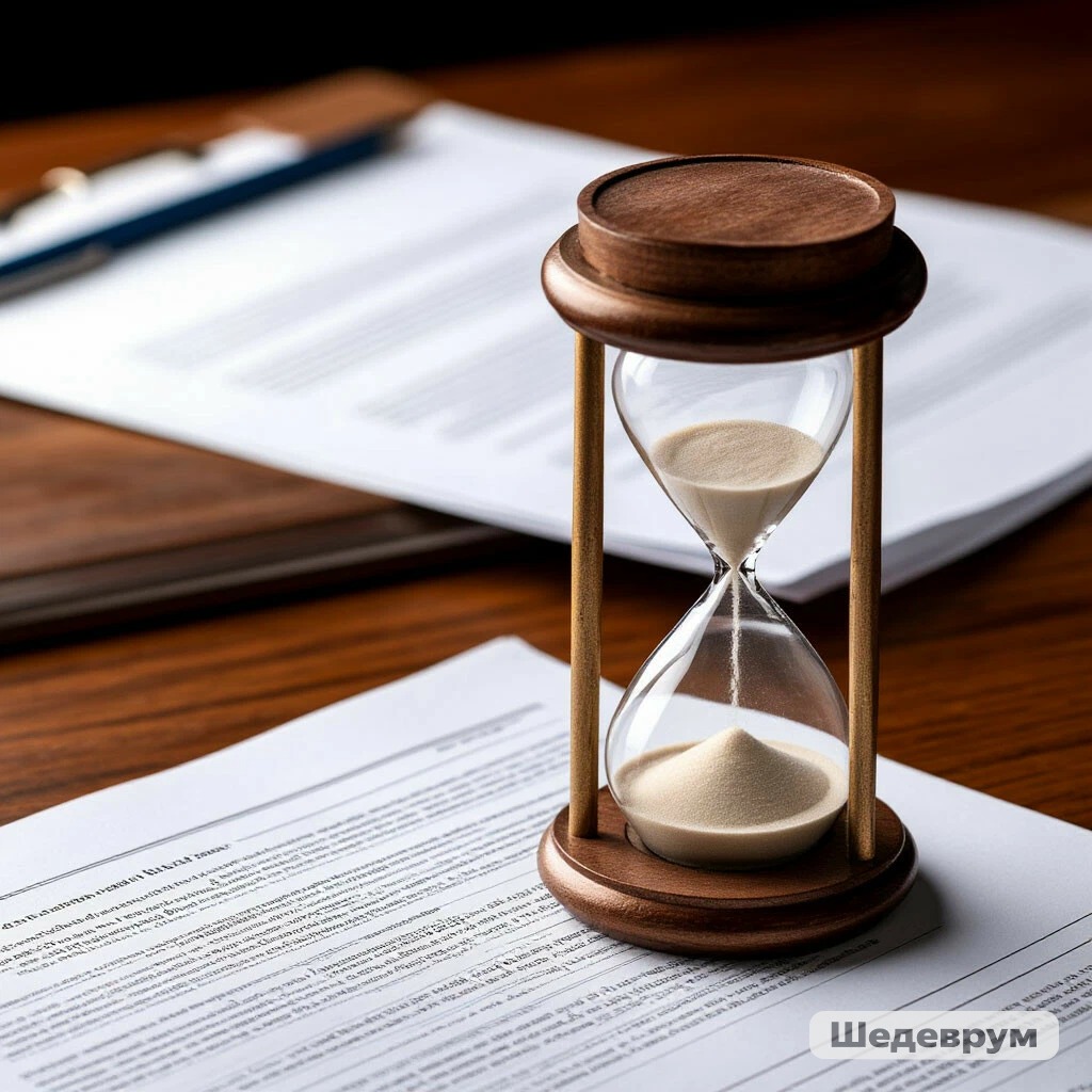 Hourglass on top of legal documents on a wooden desk, symbolizing time and deadlines.