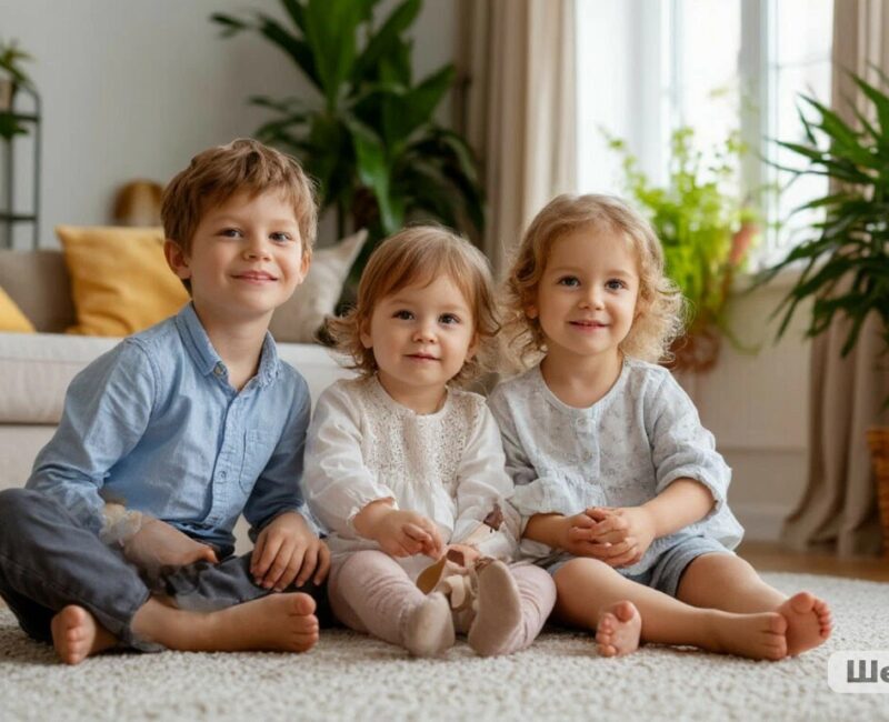 Three young children sit closely on a soft rug in a bright living room, smiling at the camera.
