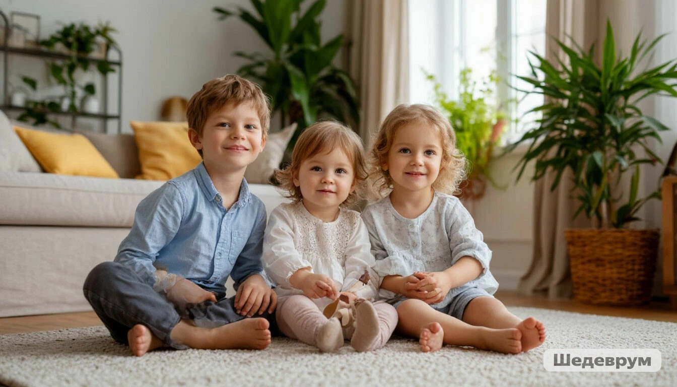 Three young children sit closely on a soft rug in a bright living room, smiling at the camera.
