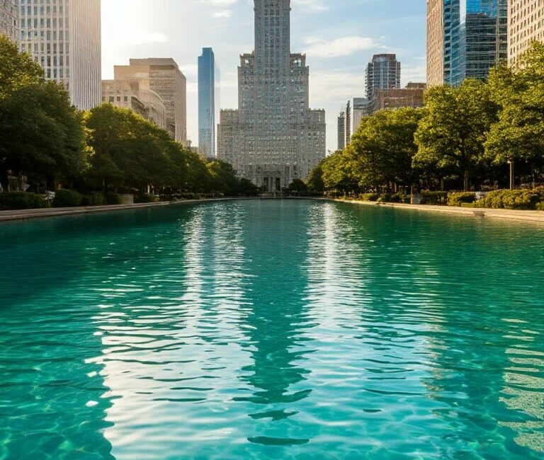 City skyline with a central historic tower flanked by modern glass buildings along a turquoise water canal, sunlit.