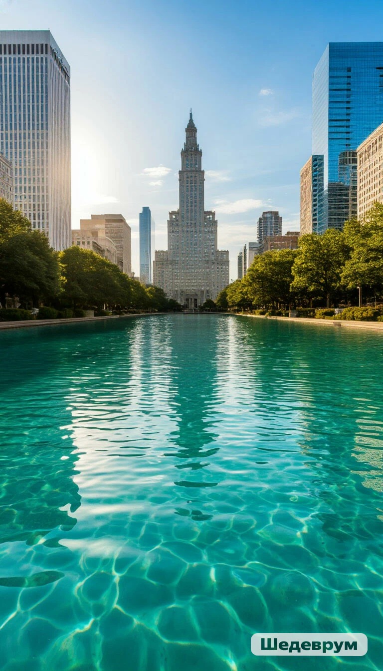 City skyline with a central historic tower flanked by modern glass buildings along a turquoise water canal, sunlit.