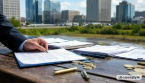 Close-up of a hand signing documents on a wooden table outdoors, with stacks of papers, coins, and a distant city skyline in the background.