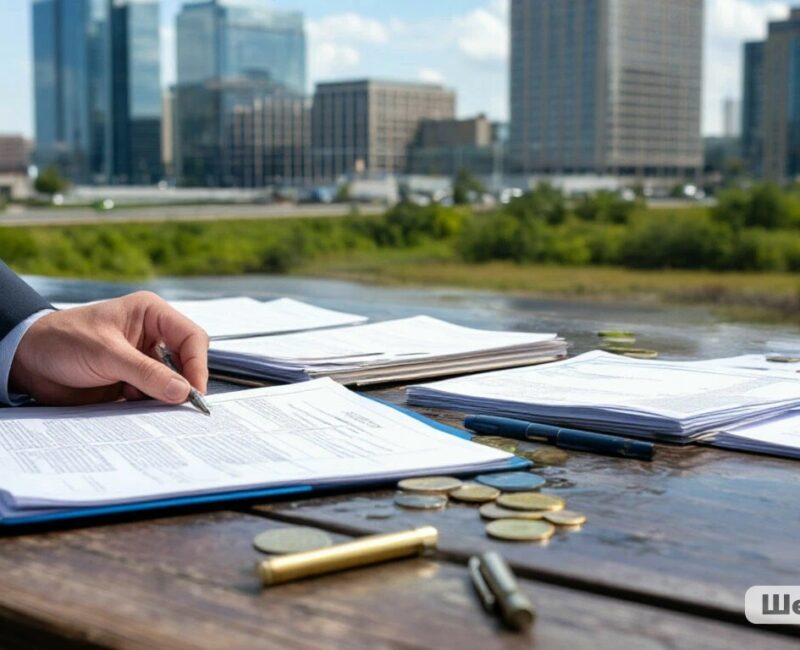 Close-up of a hand signing documents on a wooden table outdoors, with stacks of papers, coins, and a distant city skyline in the background.