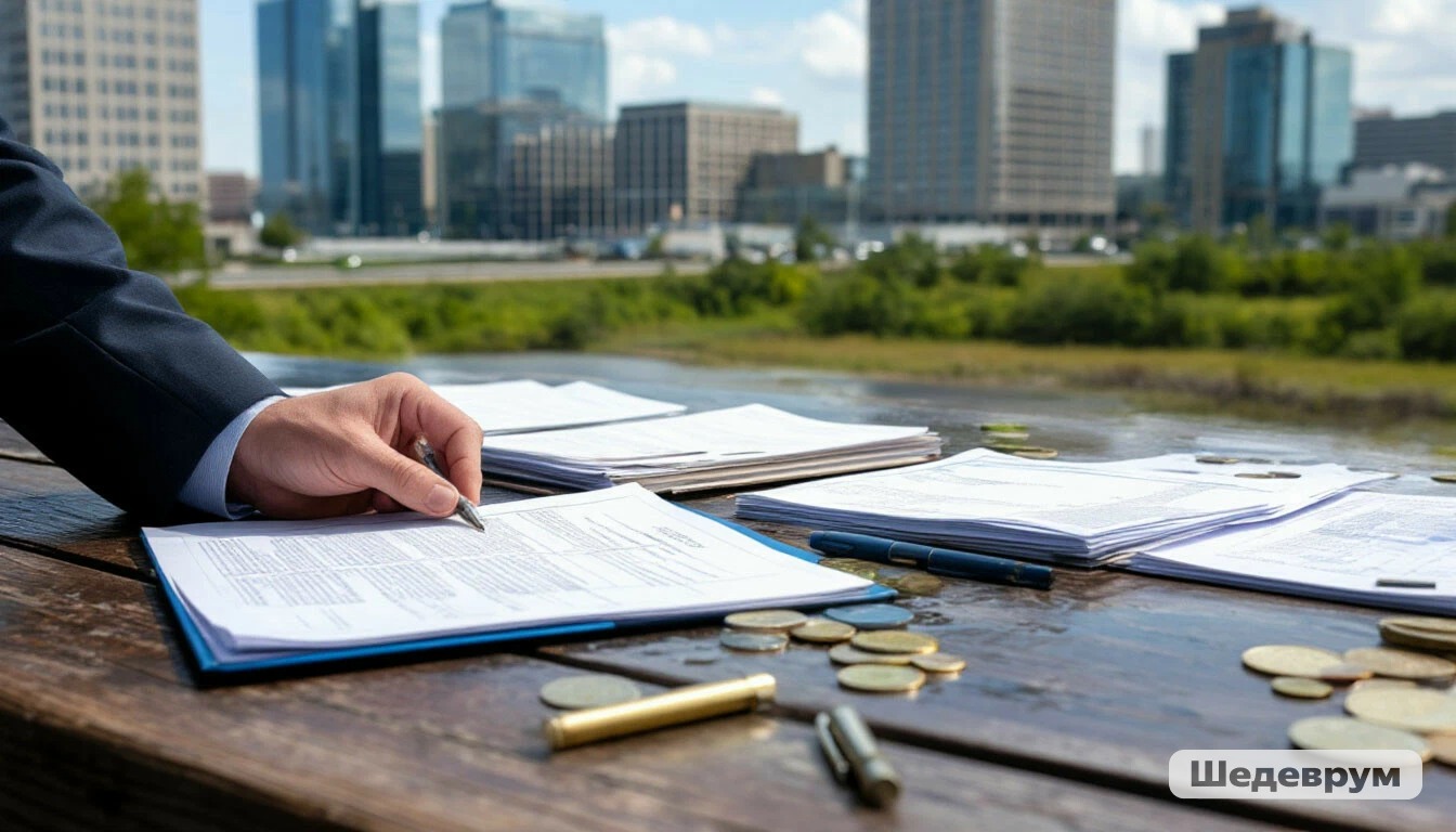 Close-up of a hand signing documents on a wooden table outdoors, with stacks of papers, coins, and a distant city skyline in the background.