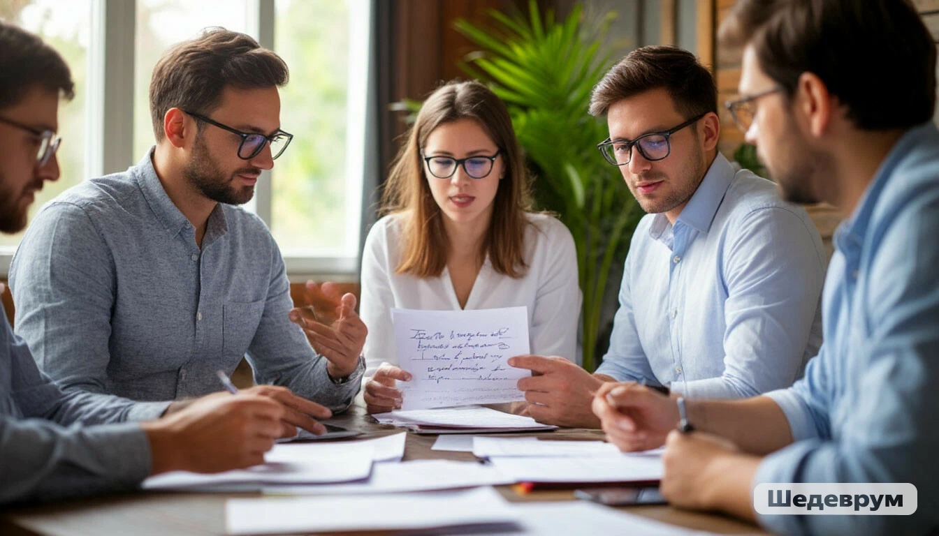 Five colleagues in a bright office discussing documents around a wooden table, collaborating on a project.