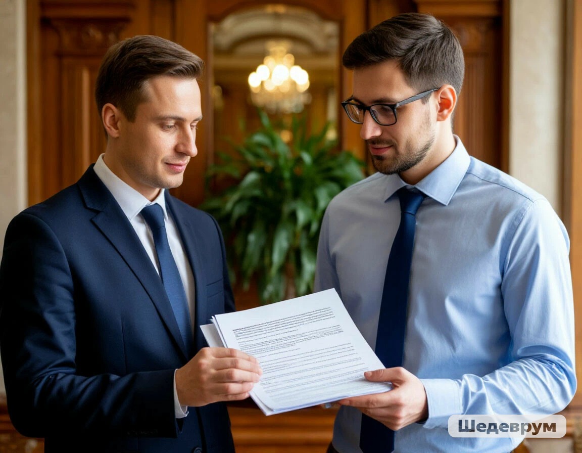 Two businessmen in suits review documents together in a formal office setting.