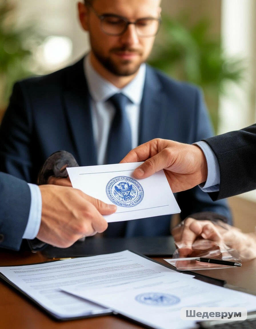 Two businessmen in suits exchange an envelope with a blue seal over a desk with documents.