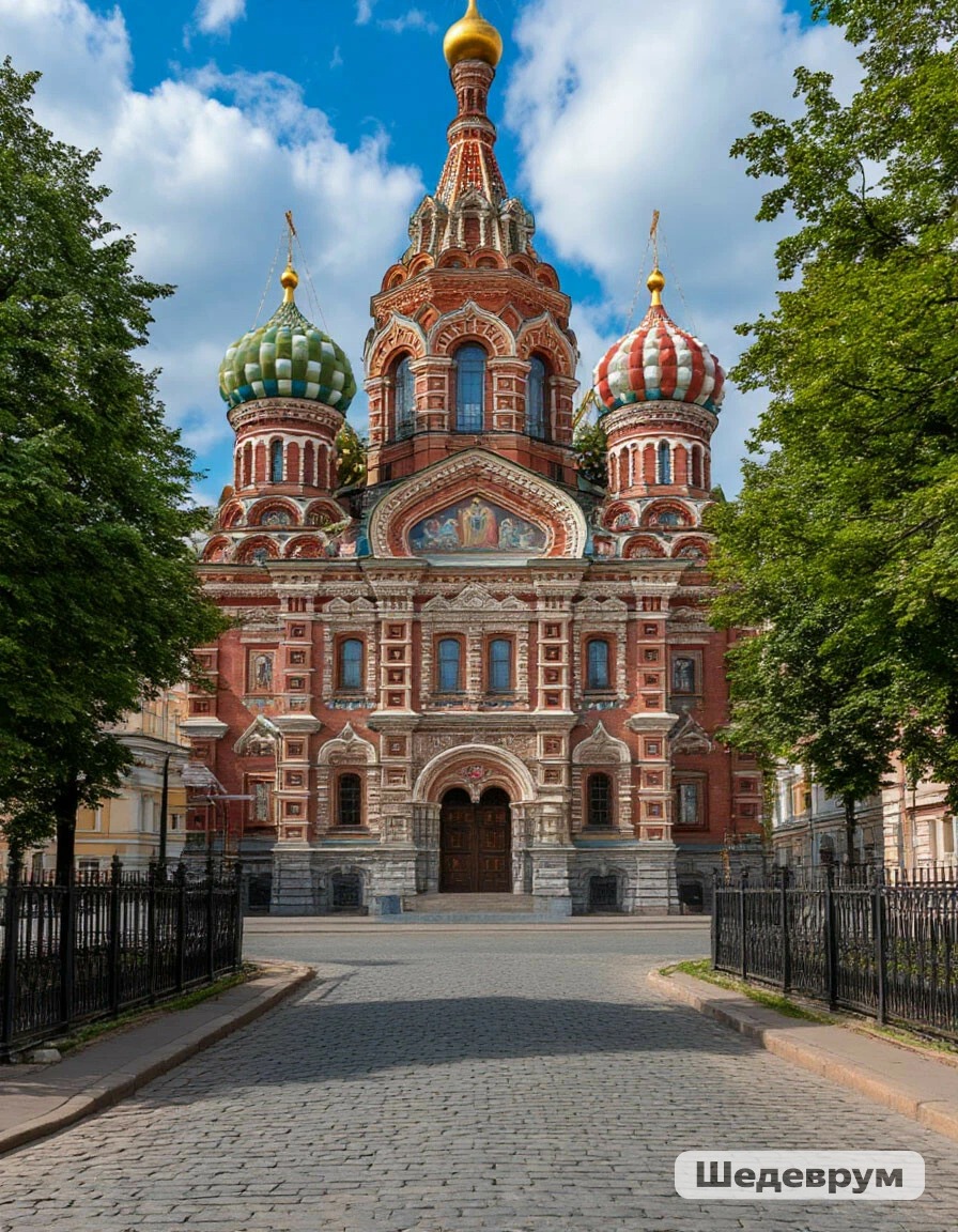 Colorful onion-domed Orthodox church framed by trees on a cobblestone path under a blue sky.