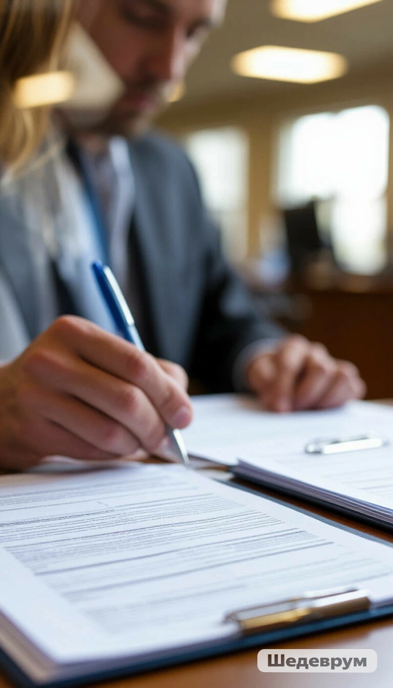 Person in a suit signs documents with a blue pen at a desk in an office setting.